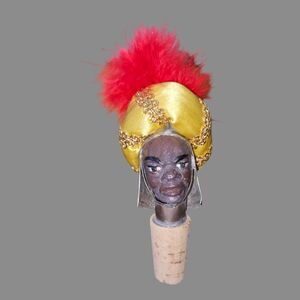 Decorative Moorish Figure Wine Bottle Stopper Gold Turban Red Feather Cork Seal